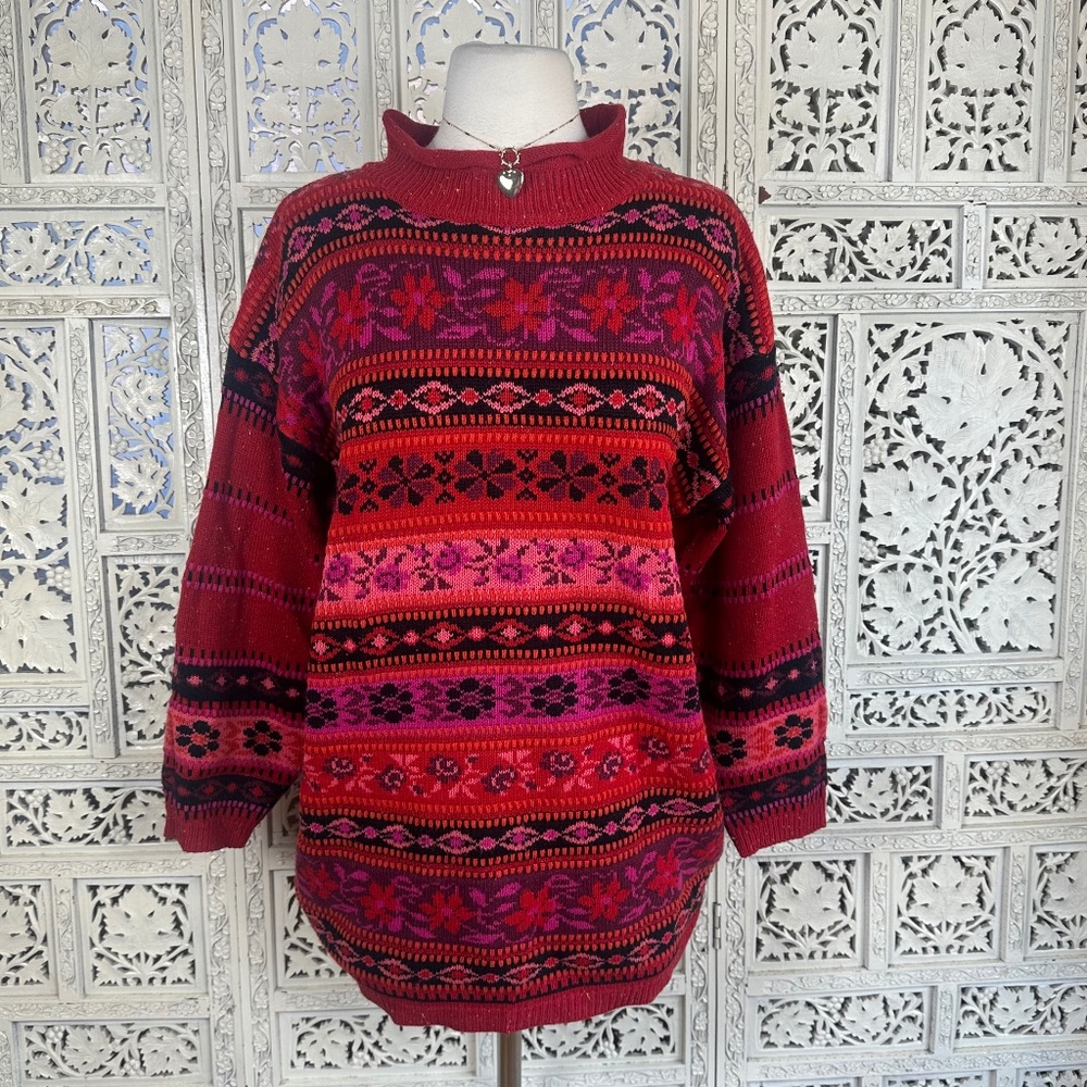 Vtg Red & Pink Floral Colorful Wool Blend Grannycore Mockneck Sweater Sz L/XL